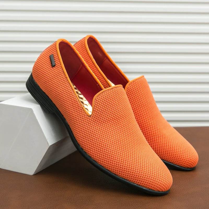 Orange Luxury Male Formal Shoes Summer Knit Breathable Oxfords Shoes Men Slip-on Pointed Toe Dress Loafers Men's Elegant Shoes