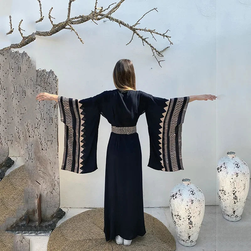 Over Size Kaftan Beach Deep V Neck Women Bohemian Dress Black Long Maxi Chiffon Cover Up 2022 Print Beachwear Summer Dress Robe