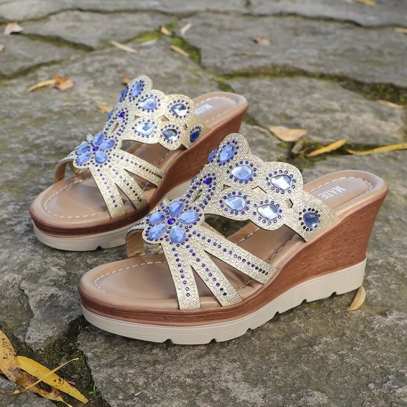 Women Round Toe Wedges Heel Shoes Ladies Casual Open Toe Comfort Spring Summer Rhinestone Slippers Party Sandals Plus Size 35-43