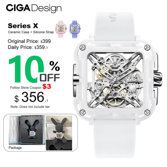 CIGA Design X Series Automatic Movement Couple Watches for Men Women White Ceramic Luminous Skeleton Mechanical Wristwatches