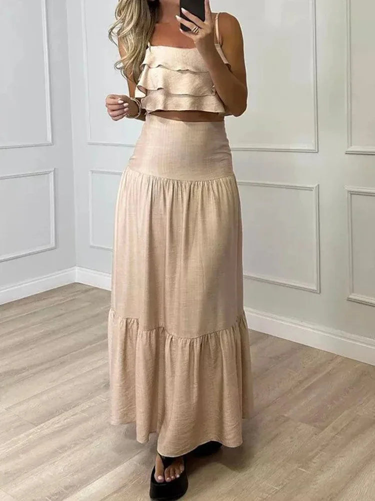 Beige Linen Ruffled Crop Top Tiered Skirt Set for Women Perfect for Summer Days Picnics Casual Bohemian Outfits