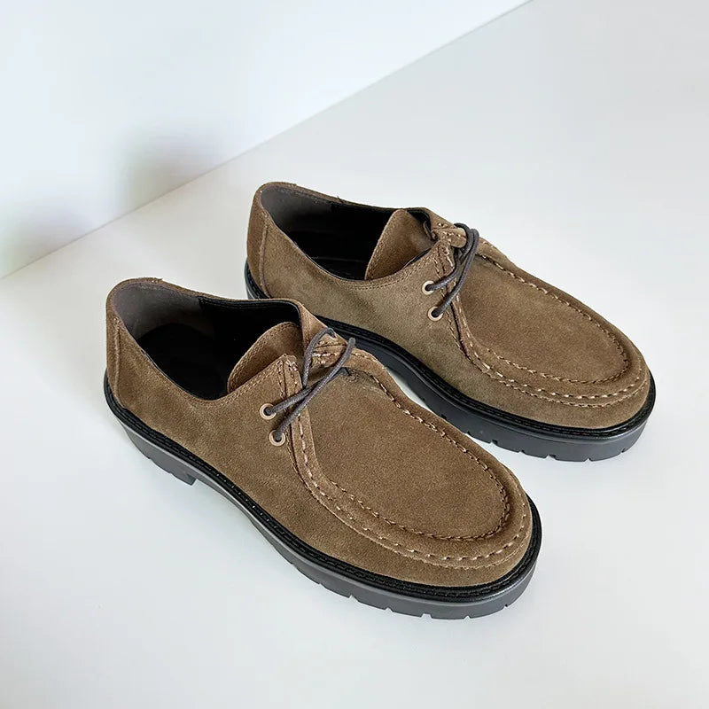 2025 New Products Women's Derby Shoes Genuine Leather Brown Suede Round-Toed Lace-up Thick Soled Versatile Loafer For Women