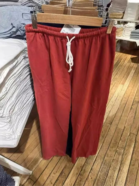 Red Drawstring Elastic Waist Oversized Retro Trouser Woman Casual Wide Leg Pant Loose Y2K Harajuku Sweatpants Cototn Blend