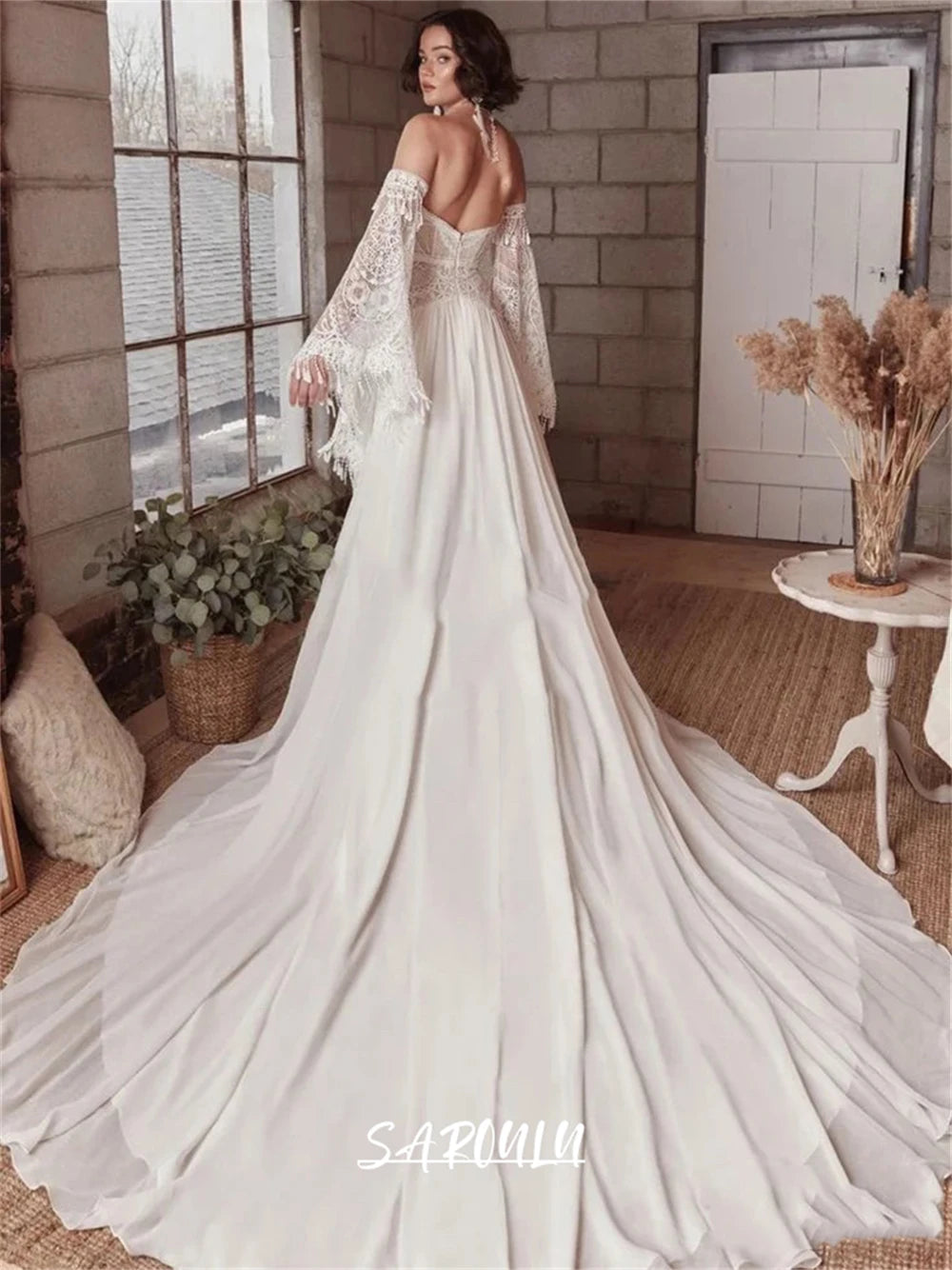 Bohemian Bride Dress with Long Sleeves, Unique Lace Beach Wedding Dresses for Women, Boho Chiffon Bridal Gown Custom Make