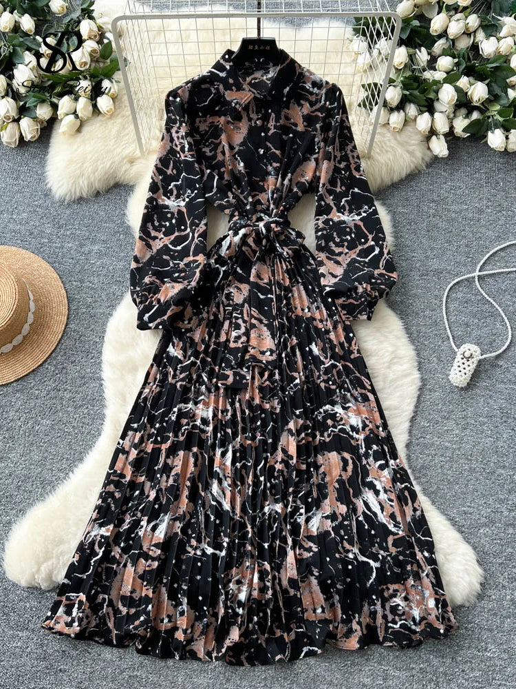 SINGREINY France Vintage Print Long Dress 2025 Autumn Sashes Pleated Maxi Dresses Female Elegant High Quality Large Swing Dress