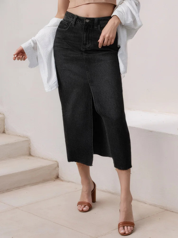 Long Slit Denim Skirts For Women High Waist A Line Maxi Denim Skirt With Slit Summer Midi Blue Jeans Skirts For Woman Long 2025