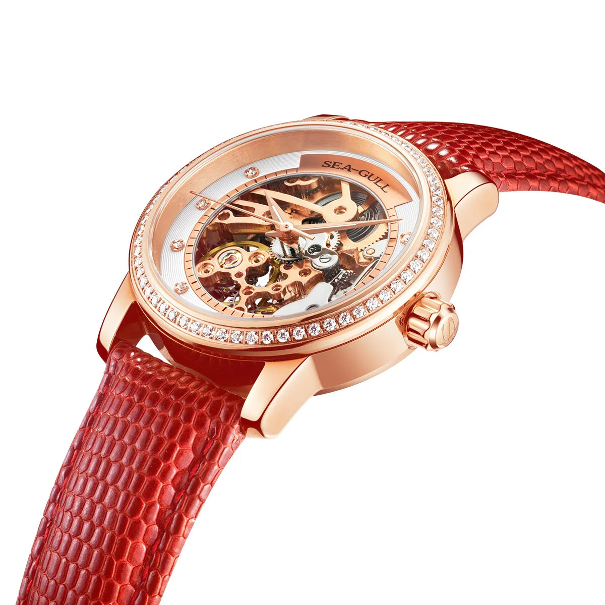 Seagull Fashion Women's Watch Red Luxury Zircon Skeleton Womens Mechanical Automatic Ladies Wristwatch Montre Femme 719.403LK