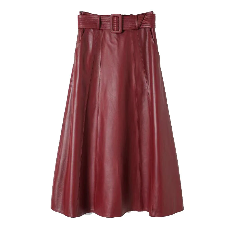Burgundy Long Leather Skirt for Women 2025 Branded New French Elegant Genuine Sheepskin Umbrella Longuette With Belt Jupe Femme