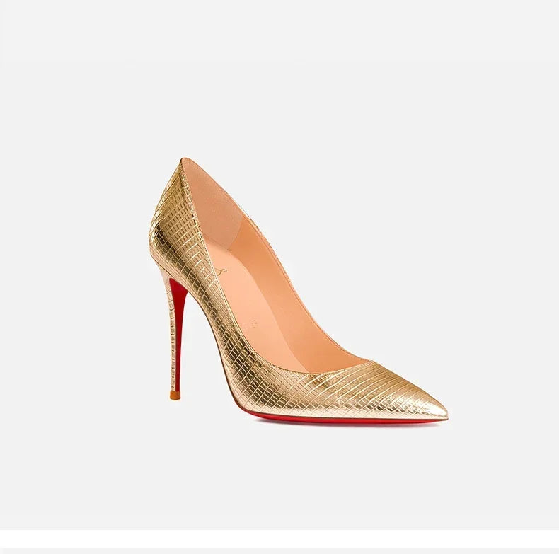 Spring/Summer Red Bottom Lizard Pattern Embossed Gold Pointed Shallow Mouth Slim Heels Sexy Banquet High Heels Single Shoes