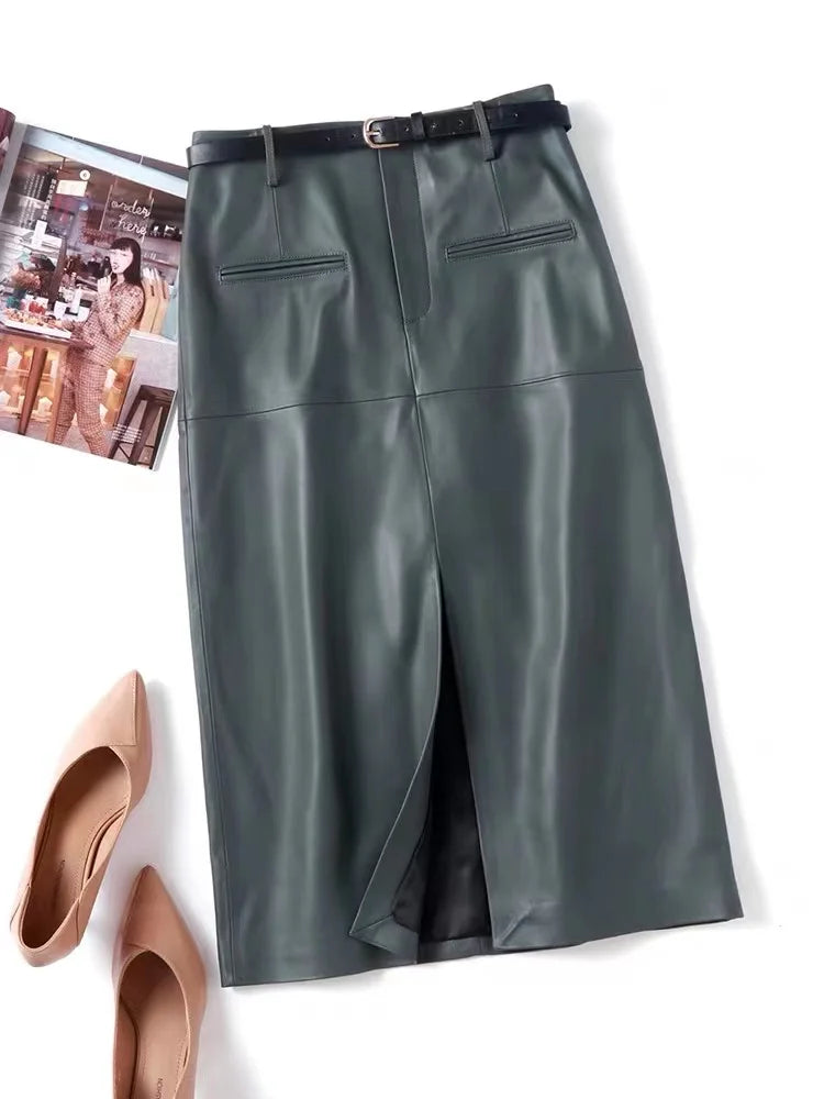 Women Long Leather Skirt 2025 Winter Euro-American Calf Length 100% Sheepskin Slim Pencil Skirt With Belt Femme Front Split Saia