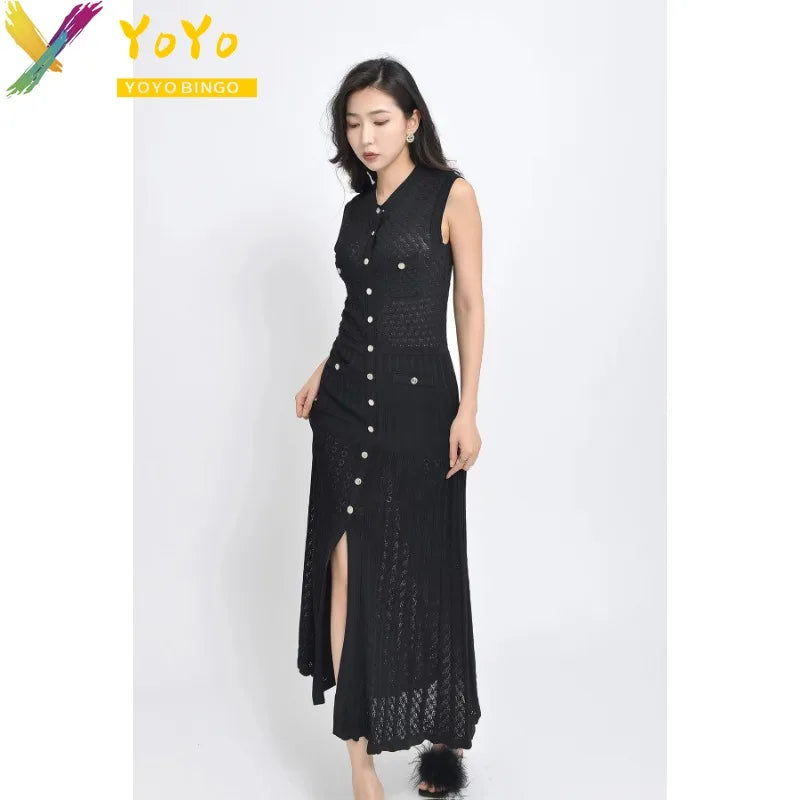 Elegant Formal Knit Black/Green V-neck Sleeveless Button Split Dress New Fashion temperament Slim Fit Chic Work Sweater Dress