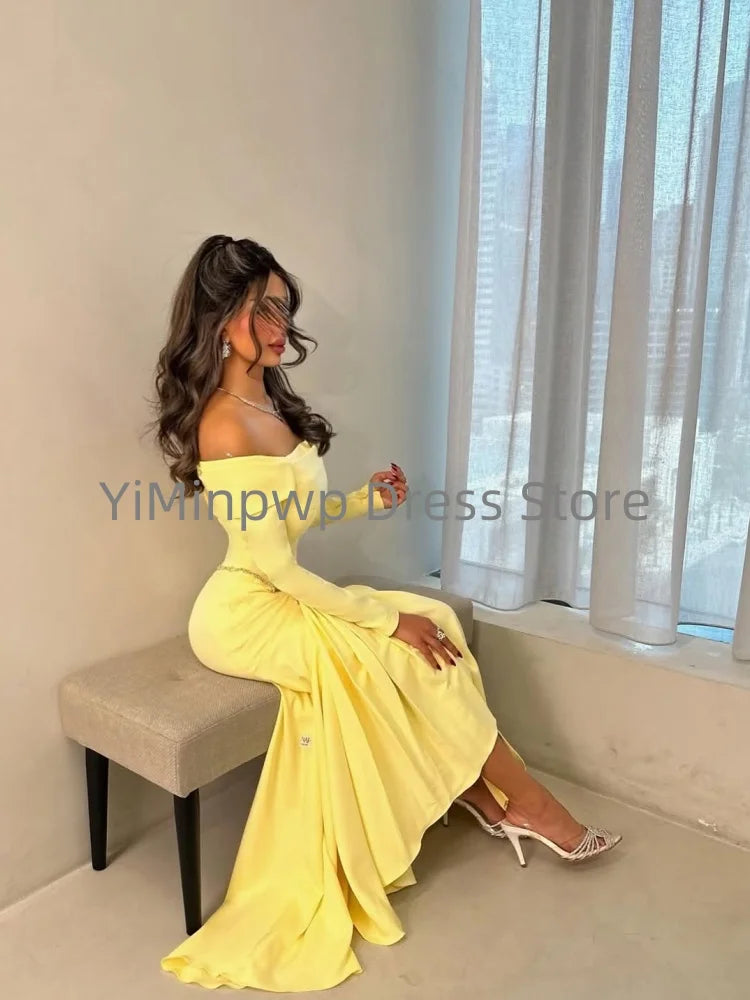 Yellow Evening Dresses Off  the Shoulder Long Sleeve Gown Mermaid Sweep Train Beading Luxury Dresses Customized robes de soirée