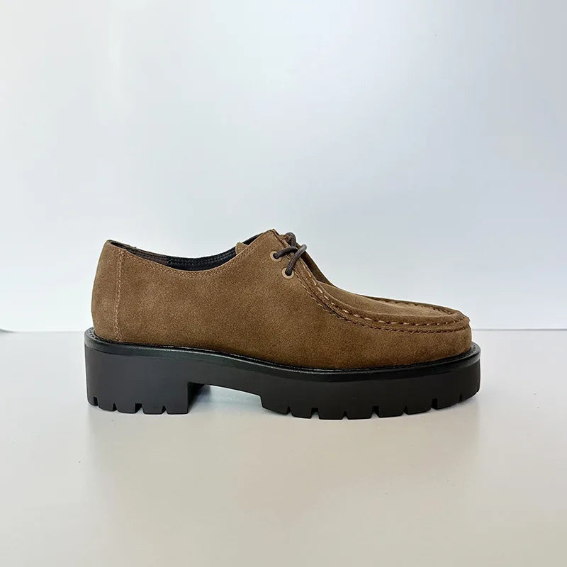 2025 New Products Women's Derby Shoes Genuine Leather Brown Suede Round-Toed Lace-up Thick Soled Versatile Loafer For Women
