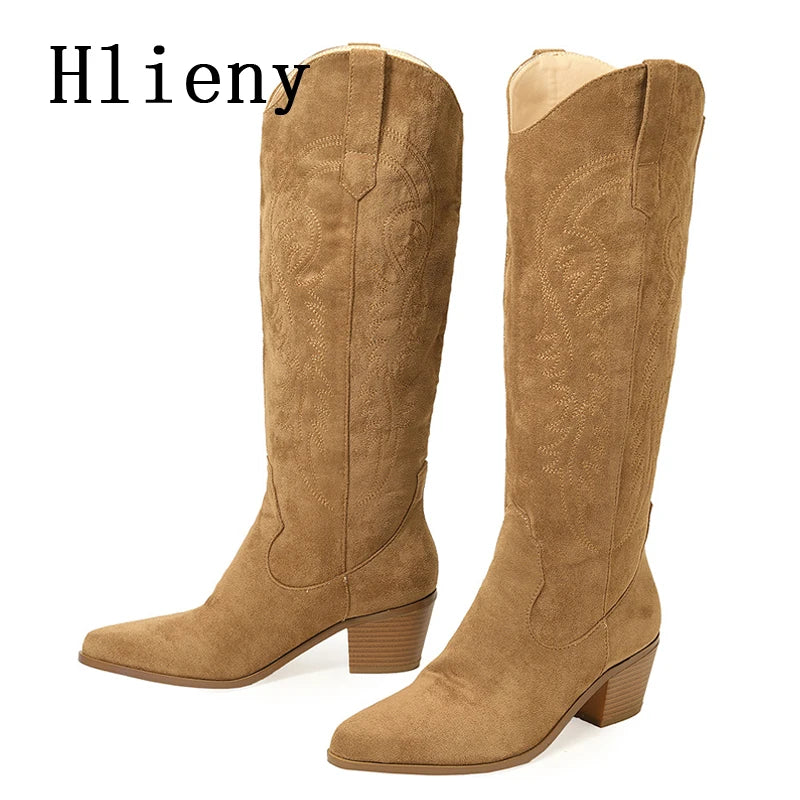 Hlieny 2025 New Retro Spring Winter Knee High Boots Women Comfy Walking Fashion Pointed Toe Female Western Cowboy Boot High Heel