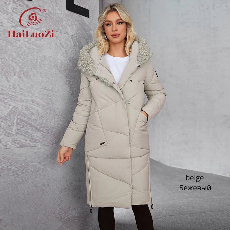 Hailuozi 2024 New Winter Women's winter jacket with large pocket hooded sheepskin classic fashion women's coat 51