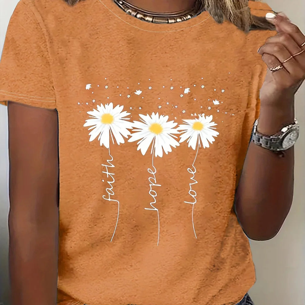 Women's Gradient T-shirt Fashion Flower Print Loose Round Neck Top Casual Comfortable Short Sleeve Women's Party T-shirt 2024