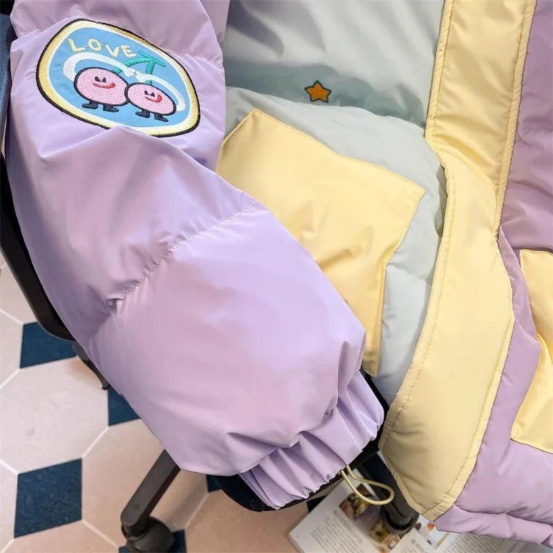 Macaron Cartoon Cotton-Padded Jacket Winter Contrast Color Bread Clothes Fashion Y2k Korean Casual Hooded Loose Thick Coat Women