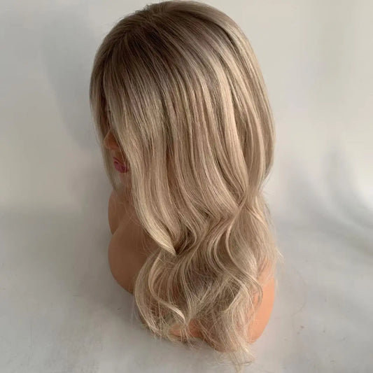 Silk Top Silicone Cap Medical Gluless Wig Ash Blonde Color Replacement European Human Hair For Alopecia Or Cancer