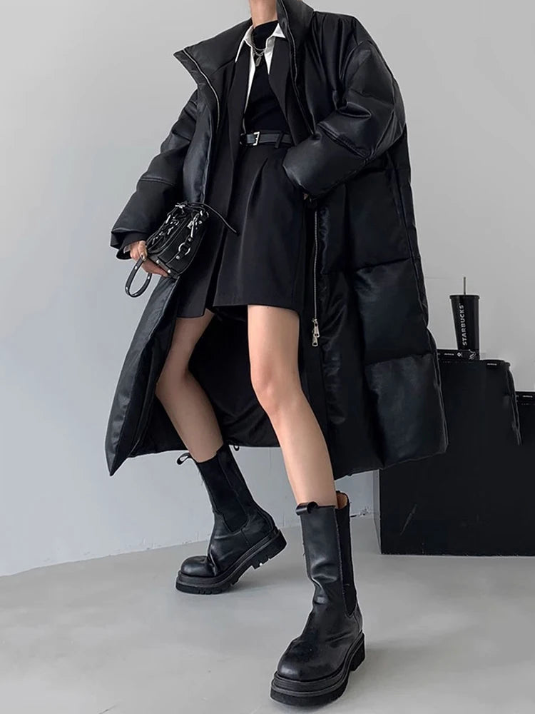 Winter Long Pu Leather Down Jacket Female Black Thick Warm Cotton Parka Outwears Women White Duck Down Knee Length Down Jackets