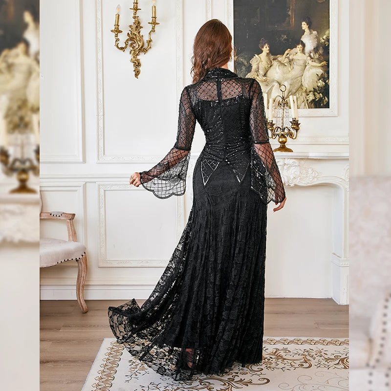 2025 New Sexy Elegant party dresses woman Black Prom Vintage great gatsby Evening dress Long Sleeve Lace Formal Dresses