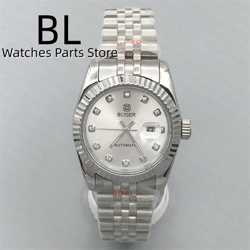 BLIGER 31mm NH05 Automatic Watch For Women Pink Gold Gray Purple Sunburst White Mother Pearl Dial Diamond Index Steel Bracelet