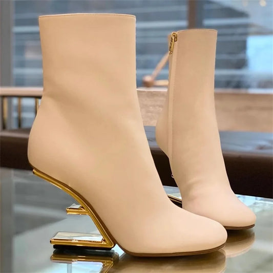 2025 New White Women Letter Strange High Heel Boots Black Wedge Shoes Autumn Winter Leather Short Botas Femininas Ladies Wedges