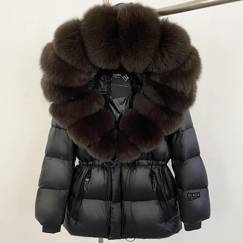 ZMEENNA Women's Black Puffer Down Jacket With Oversized Real Fur Hood Winter Warm Coat Luxurious Quilted Outerwear ZM3375