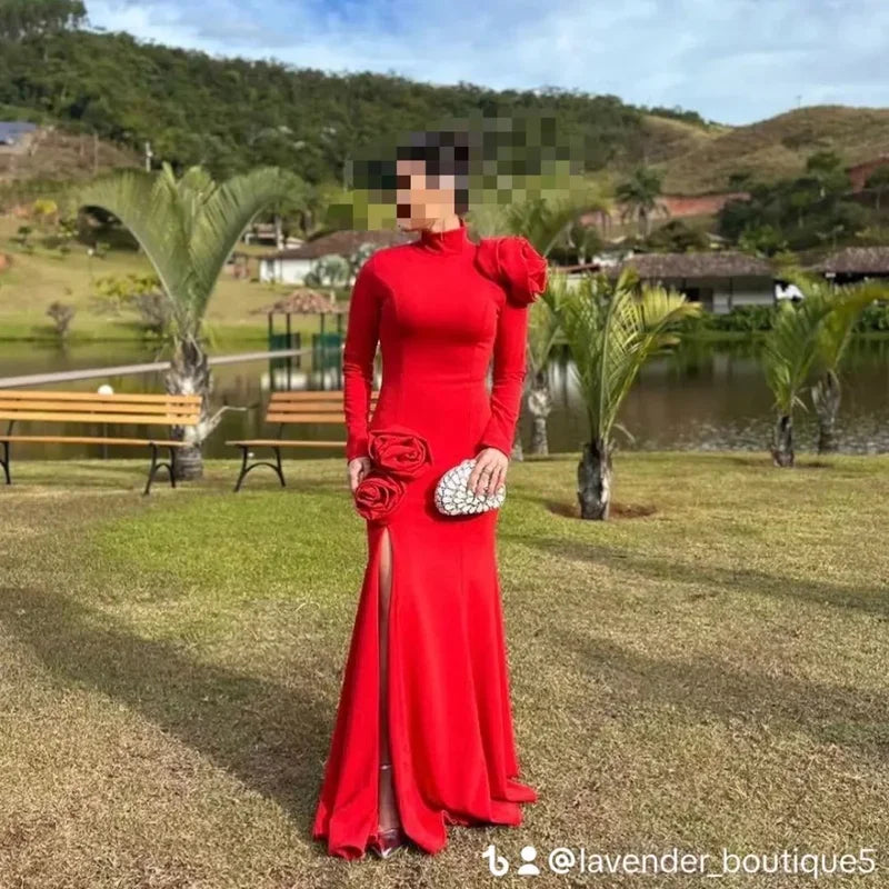 Saudi Arabia Women Elegant Evening Dresses Customized Floor Length Prom Dress Long Sleeve Lapel Sexy Red Formal Party Gowns
