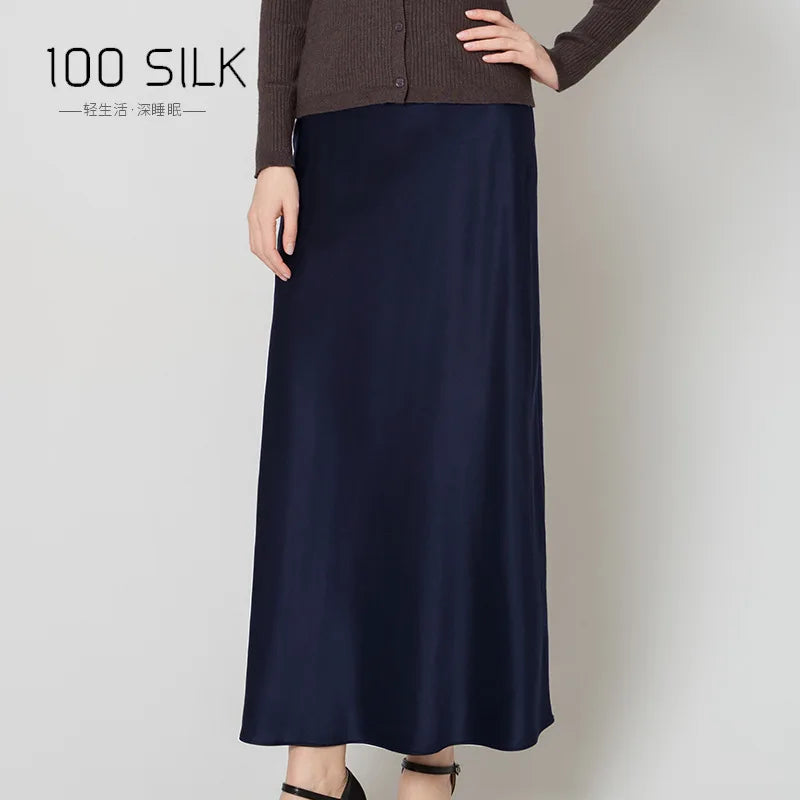 BirdTree, 22MM 100%Real Silk Elegant Skirt, Women Elastic Waist Satin, High Quality Fashion Skirt, 2024 Summer Fall B47024QM