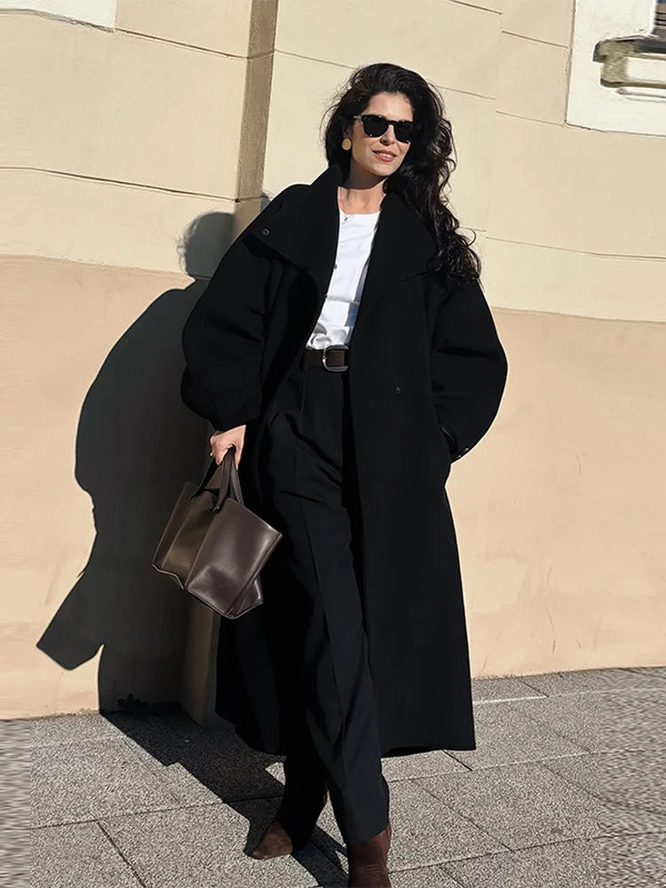 Chic Stand Collar Long Woolen Coat Women Puff Sleeve Single Breasted Loose Warm Overcoat 2025 Autumn Winter Lady Outwear New