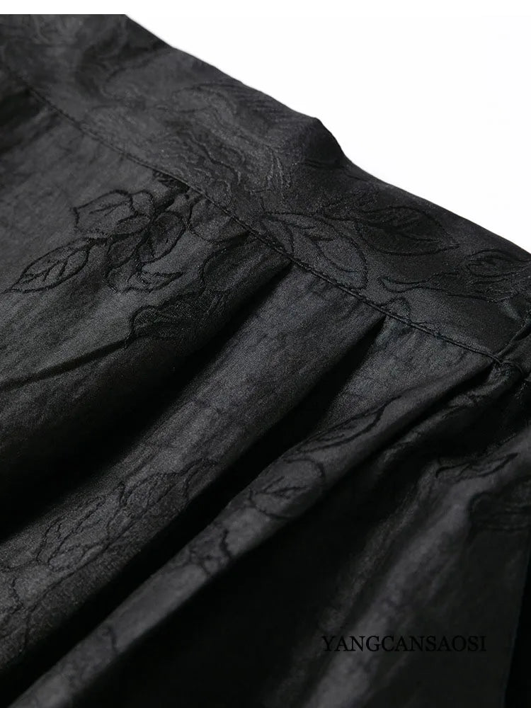 2025 Women's Fashion Summer New 100% Natural Mulberry Silk Turtle Crack Gambiered Guangdong Gauze Elastic Waist Black Skirt