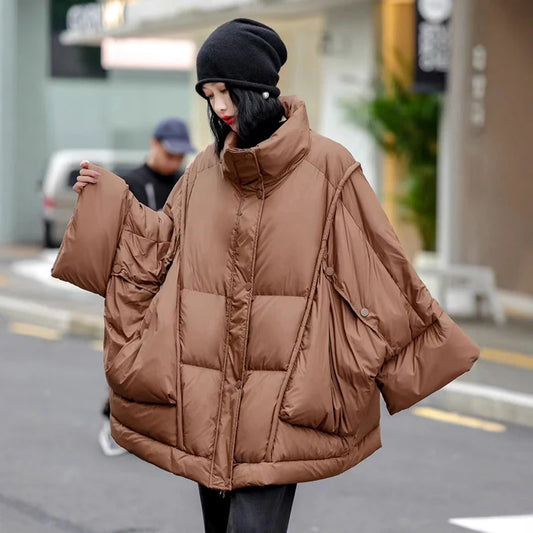 Winter Solid Stand Collar Loose Down Jacket Women White Duck Down Big Pocket Down Jacket Female Chic Warm Zipper Parker Outwears