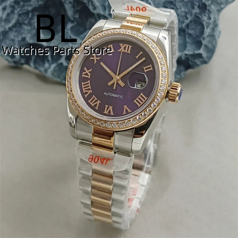 BLIGER 31mm NH05 Automatic Watch For Women Pink Gold Gray Purple Sunburst White Mother Pearl Dial Diamond Index Steel Bracelet