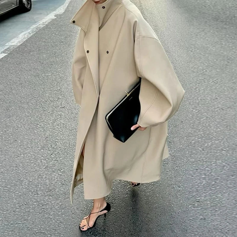 Chic Stand Collar Long Woolen Coat Women Puff Sleeve Single Breasted Loose Warm Overcoat 2025 Autumn Winter Lady Outwear New