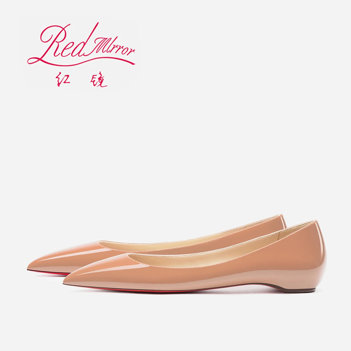 2025 New Style Pointed Bare Red Sole Flat Shoes Single Shoes Women's Lacquer Leather Inner Heightening Shallow Mouth Low Heels