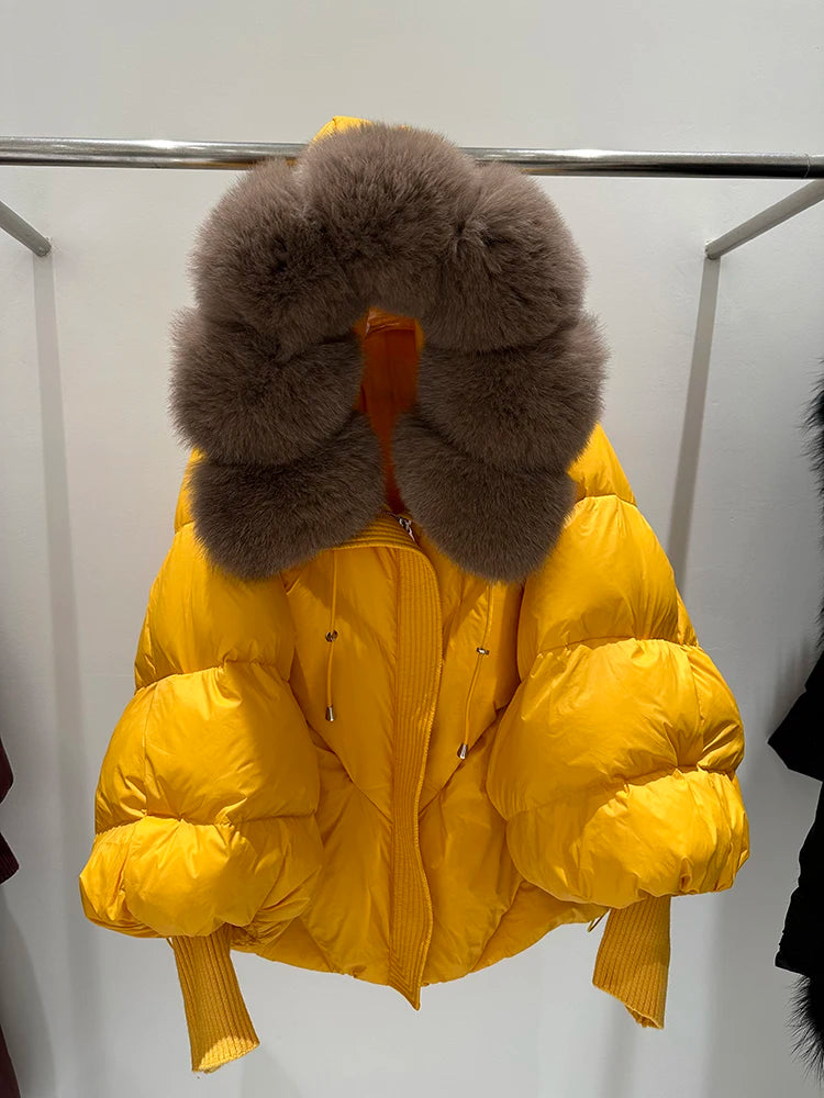 Winter Natural Large Fur Collar Hooded Down Jacket Women White Duck Down Solid Outwear Female Warm Quilted Lantern Sleeve Jacket