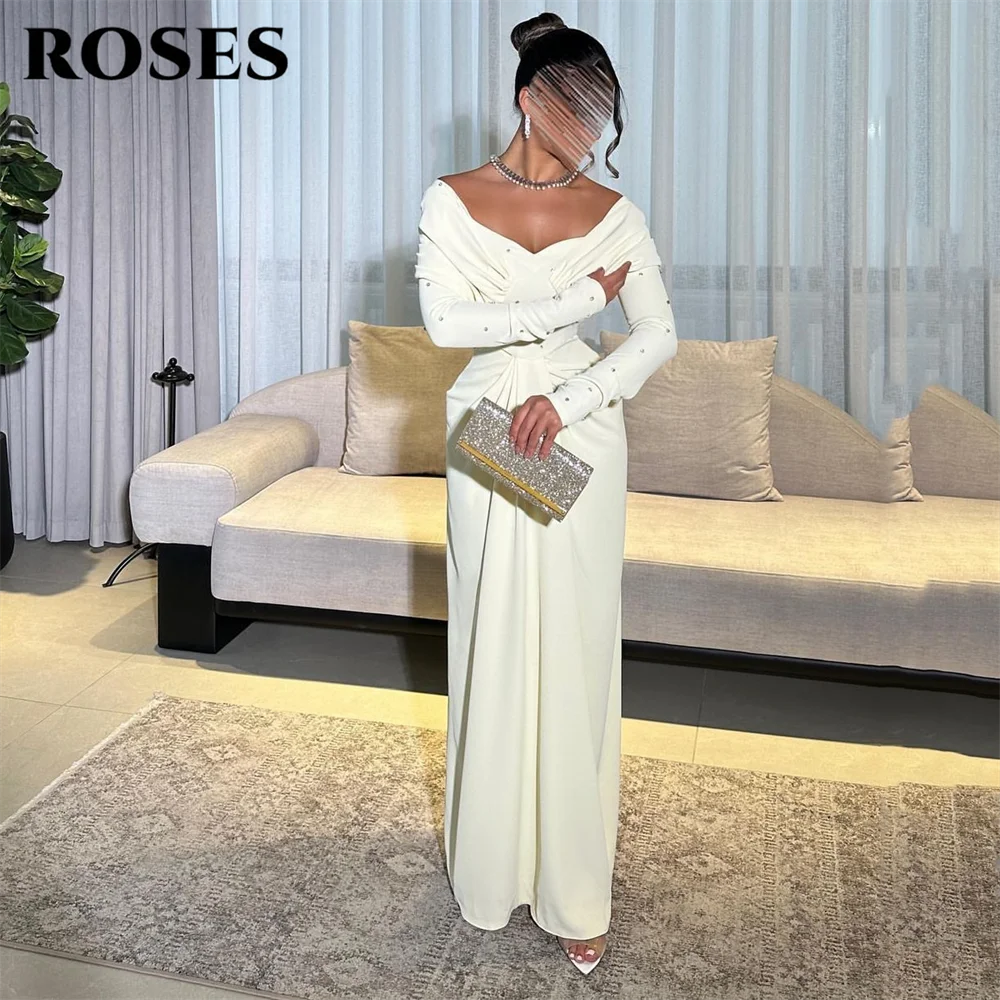 ROSES Light Yellow Evening Dresses Off the Shoulder Long Sleeves Party Dress with Ruched and Rhinestones Prom Gown Customized