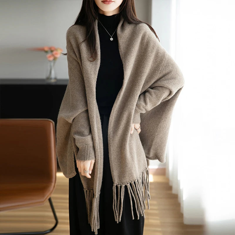 2025 Autumn Winter New 100% Pure Wool Shawl Cardigan, Women's Tassel Jacket, Loose Cape, Versatile, Stylish Highend Korean Style