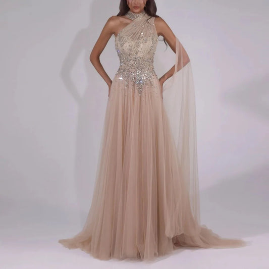 Customized Modest Crystal Flowy Evening Dresses for Women One Shoulder A Line Formal Gown with Shawl Tulle Wedding Guest Dress