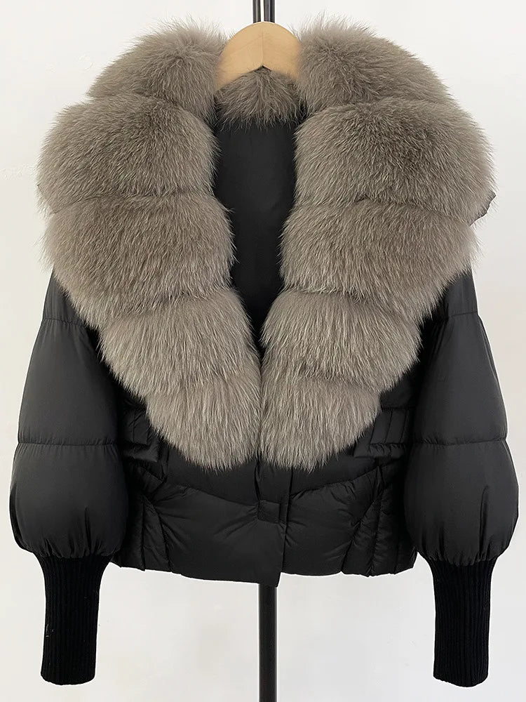 ZMEENNA Women's Black Puffer Down Jacket With Large Real Fur Collar Short Warm Winter Coat Knit Cuffs Elegant Outerwear ZM3377