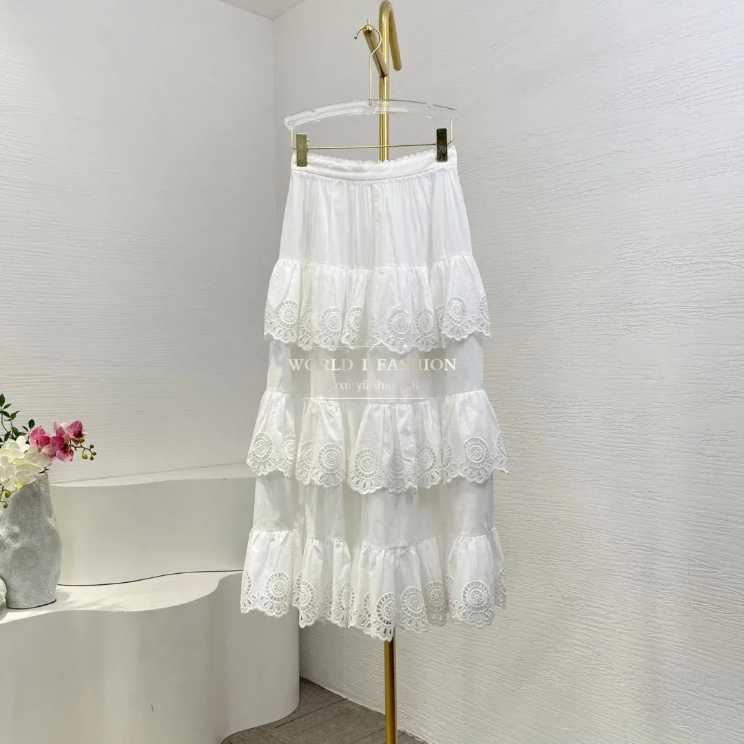 2025 New Fashion Pink/ White Floral Print Embroidery Cascading Layered Ruffles Frilled Midi Skirt