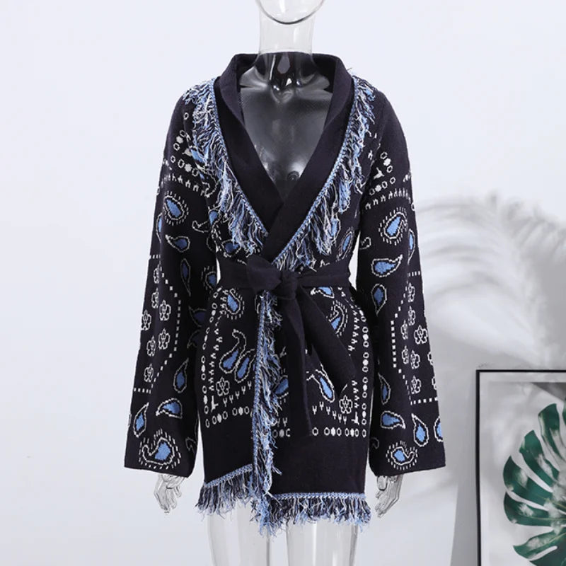 Fashion Lace Up Floral Tassel Patchwork Sweater For Women Elegant Long Sleeve Belt Knitted Cardigan Jacket Lady Chic Street Tops