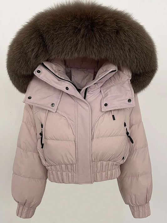 CXFS 2025 Winter Jacket Women Short Natural Real Raccoon Fox Fur Collar Hooded White Duck Down Coat Thick Warm Casual Outerwear