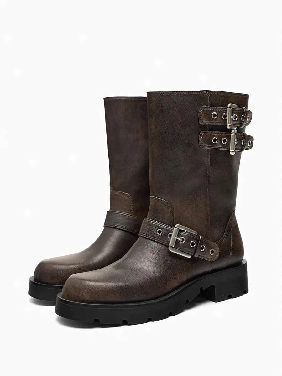 Women's Western Knight BootsWith Thi Heel And Belt Bule round Toe Motorcycle Boots  Boots Brown Autumn Winter