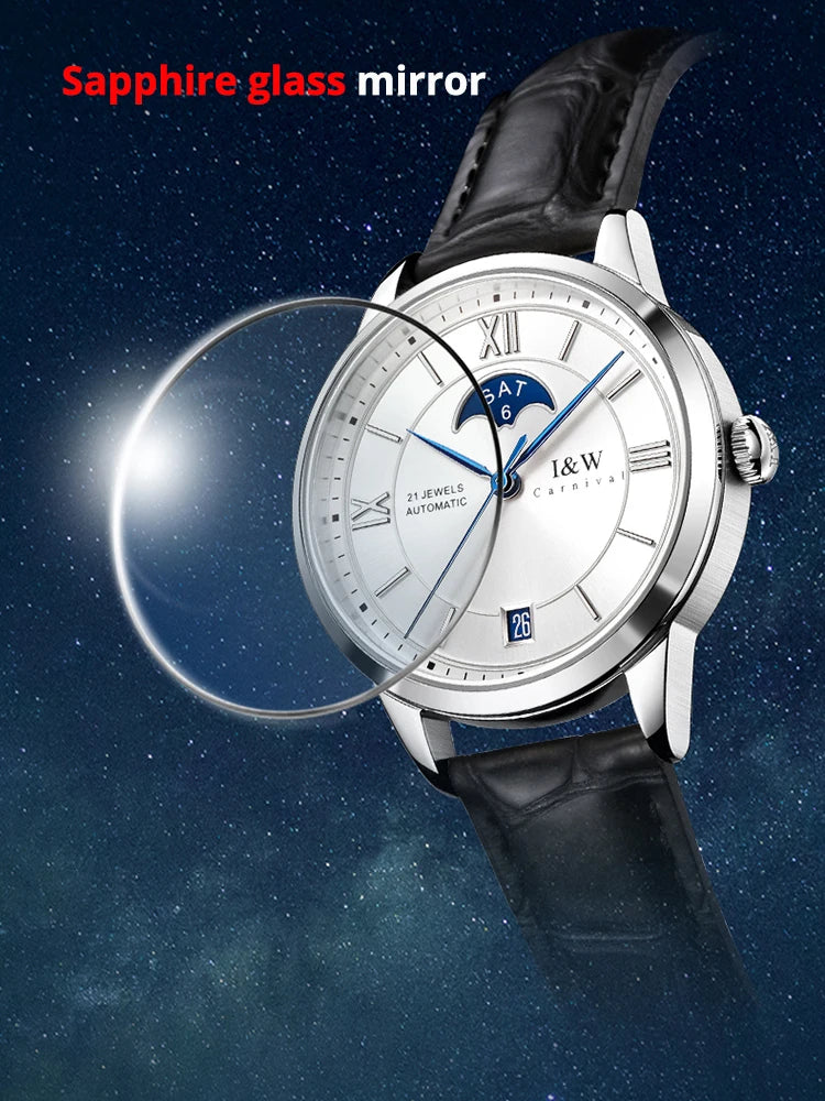 Switzerland Brand I&W New Moon Phase Automatic Watch for Women Sapphire Mechanical Watches Calendar MIYOTA Movement Reloj Mujer