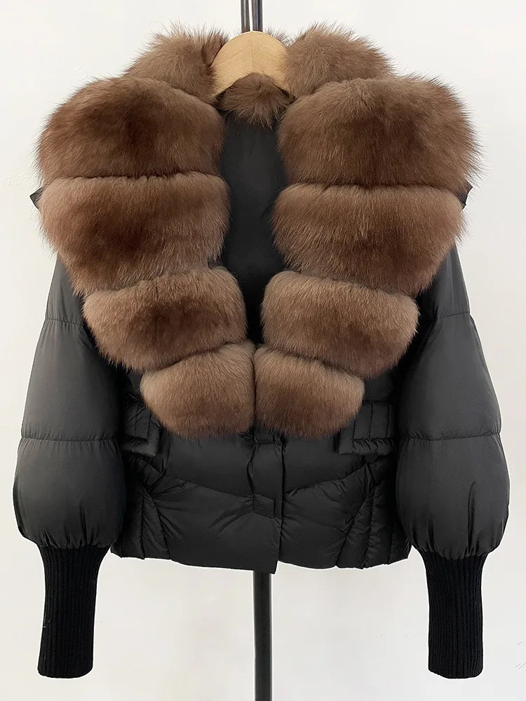 ZMEENNA Women's Black Puffer Down Jacket With Large Real Fur Collar Short Warm Winter Coat Knit Cuffs Elegant Outerwear ZM3377