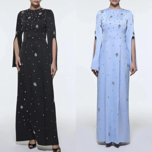 Customized Modern Style Retro Charmeuse Sequined Rhinestone Draped Straight O-Neck Long Dresses Bespoke Occasion Dresses Fashion