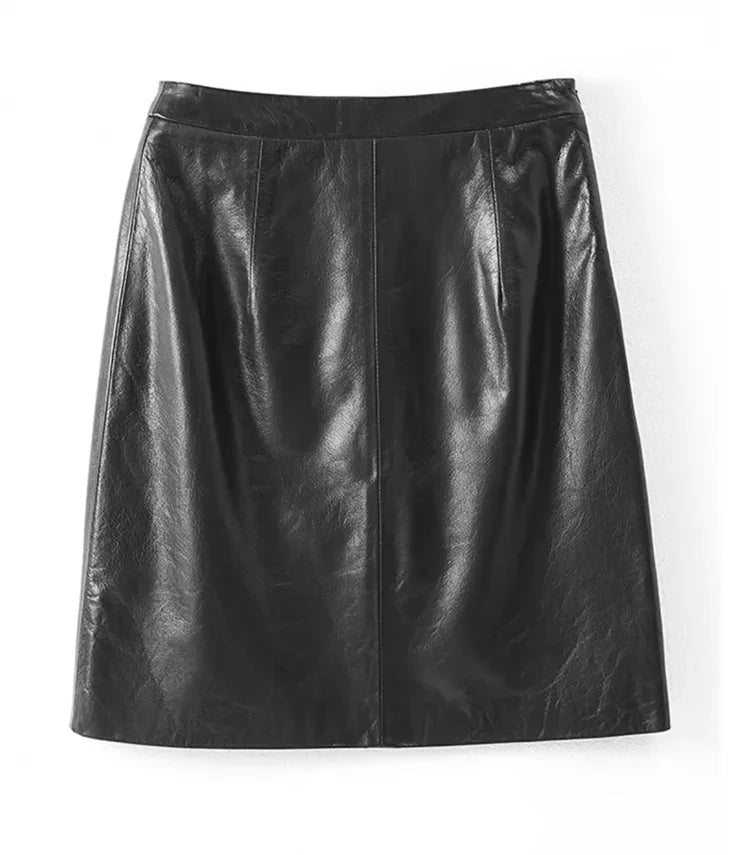 Real leather Women Skirts Ladies 100% Sheepskin Leather Jupe Femme Front Split Sexy Wrap Saias Mujer Mid-Length Burgundy Faldas