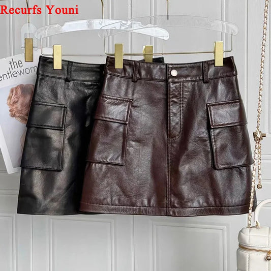 2025 Autumn/Winter New Genuine Leather Skirt for Women High Waist Side Pocket Slim Look Head Layer Sheepskin A-line Mini Jupe