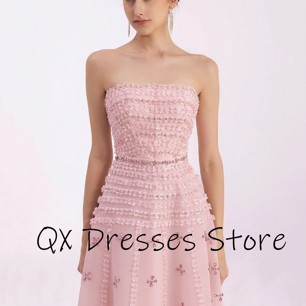 Customized Strapless Simple Crystal Chiffon Women's Evening Dress Backless Draped Party Dress A-line Ankle Length Prom Gown